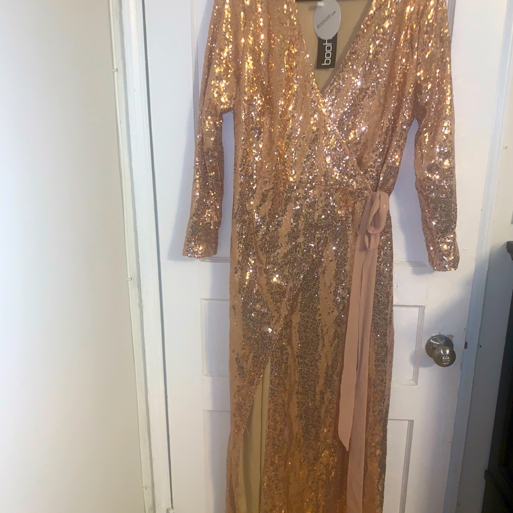 Rose gold sequin wrap maxi dress